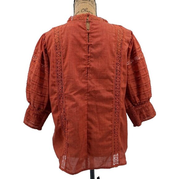 Ces Femme Women Top‎ Small Rust Lace Ruched Embroidered Detailed Button Closure - Picture 2 of 9